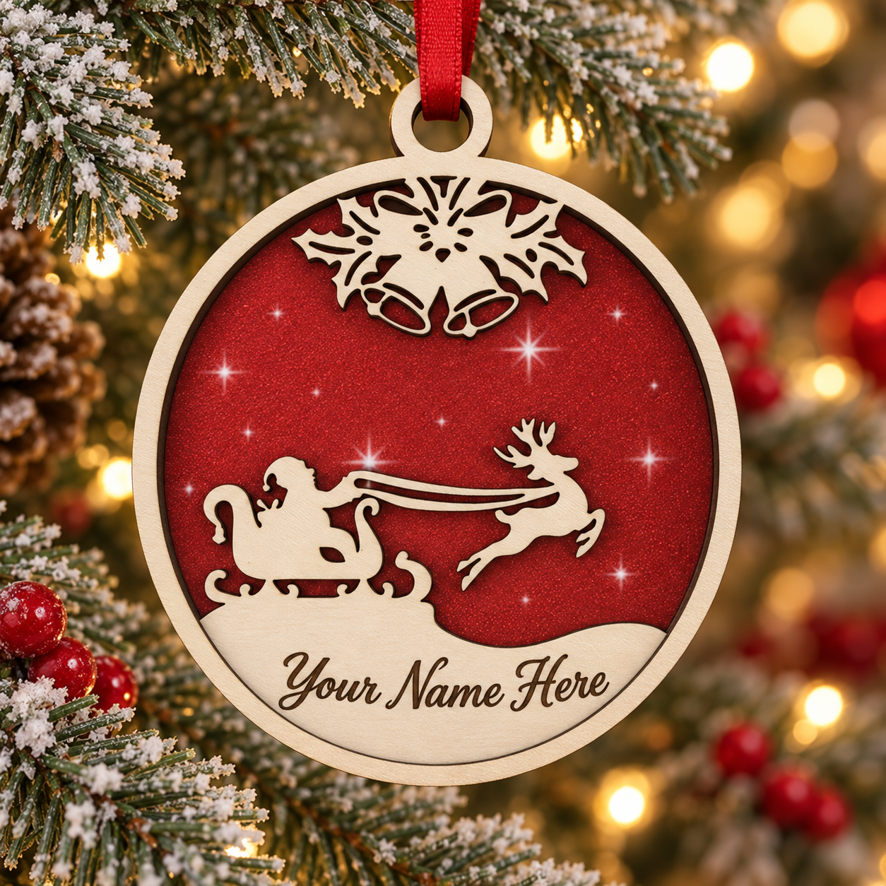 Santa Sled - White Wood Ornaments